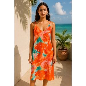 Natori Women's M Watercolor Floral Slip Dress Silky Midi Slinky Artcore‎ Resort